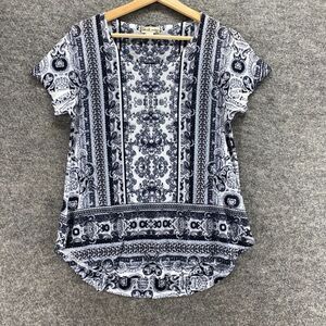 5/$45 World Unity Blouse Women S Small White Striped Short Sleeve Round Neck